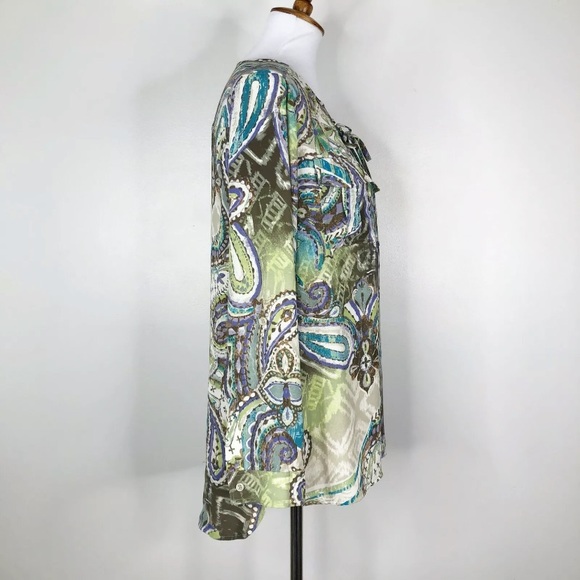 CHICOS Paisley Tie Front Top Sz. 1 (M) Purple Green Brown - Picture 8 of 13